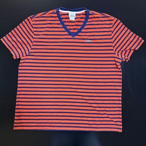 Lacoste V Neck T-Shirt - Size XXXL - Navy Blue w/ Orange Stripes